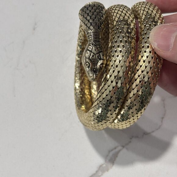 Vintage Whiting & Davis Gold Tone Mesh Snake Coil Wrap Bracelet Serpent Arm Cuff - Picture 7 of 15